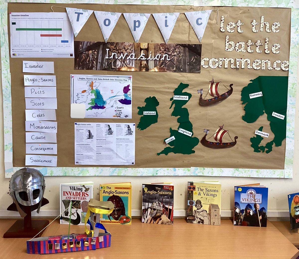 KingswayYear4's tweet photo. I just love to share and display the children’s hard work on our displays! 
Here you can see an invasion map and a Viking Longboat created by some amazing members of Team 4!⭐️
#kwpsteam4 #kwpshistory #anglosaxons #vikings https://t.co/1XVTC30sUn