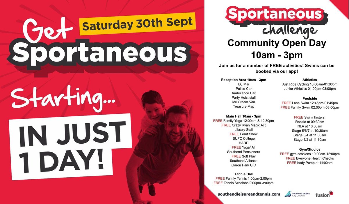 🥳
Join us TOMORROW (30th September) for our Sportaneous Community Open Day!
We have a number of activities taking place at the centre
<a href="/SouthendCityC/">Southend-on-Sea City Council</a> 
#southend #openday #fusionlifestyle #essex