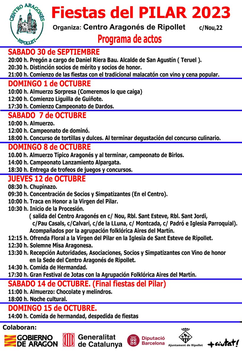 C_aragones_ripo's tweet photo. Mañana sabado empiezan las fiestas del Pilar.
Te esperamos!!!!!
#ajripollet #cultura_ripollet #aragon #ripollet #fiestaspilar https://t.co/yDq7p0X4CJ