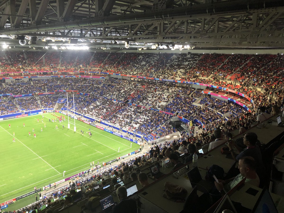 High in the night sky in Lyon for the All Blacks v Italy. Huge New Zealand crowd here, more than I’ve seen at their opening games. Perhaps they sense something but they are out if they lose tonight. They won’t.
