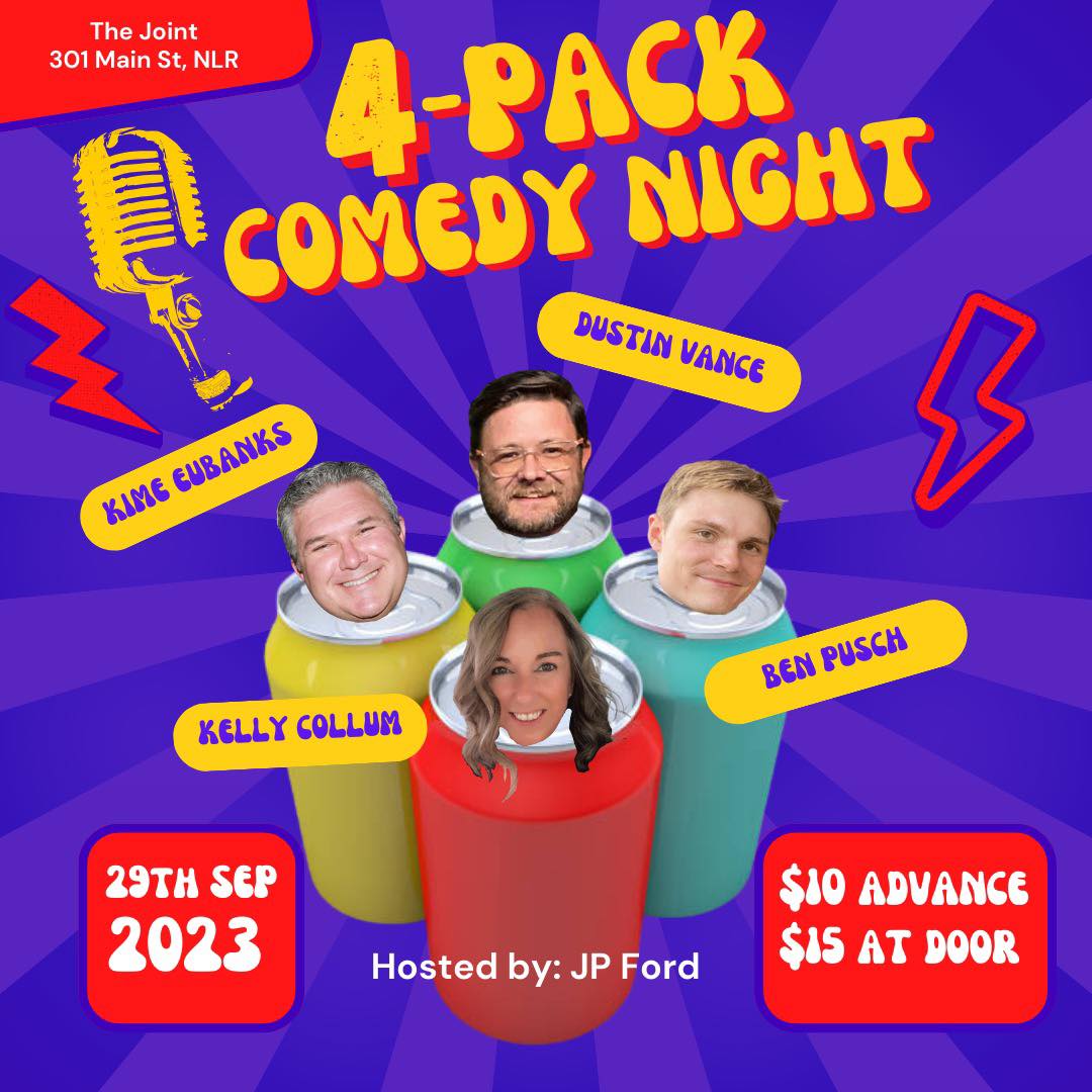 4-Pack Comedy Night is Tonight!!! This new Stand-Up Comedy Show will feature Dustin Vance, Kelly Collum, Kime Eubanks, Ben Pusch &amp; hosted by JP Ford.  

Doors Open at 7pm with an 8pm Showtime.

To Purchase Tickets Online or For Additional Info visit:
thejointargenta.com/events/4-pack-…