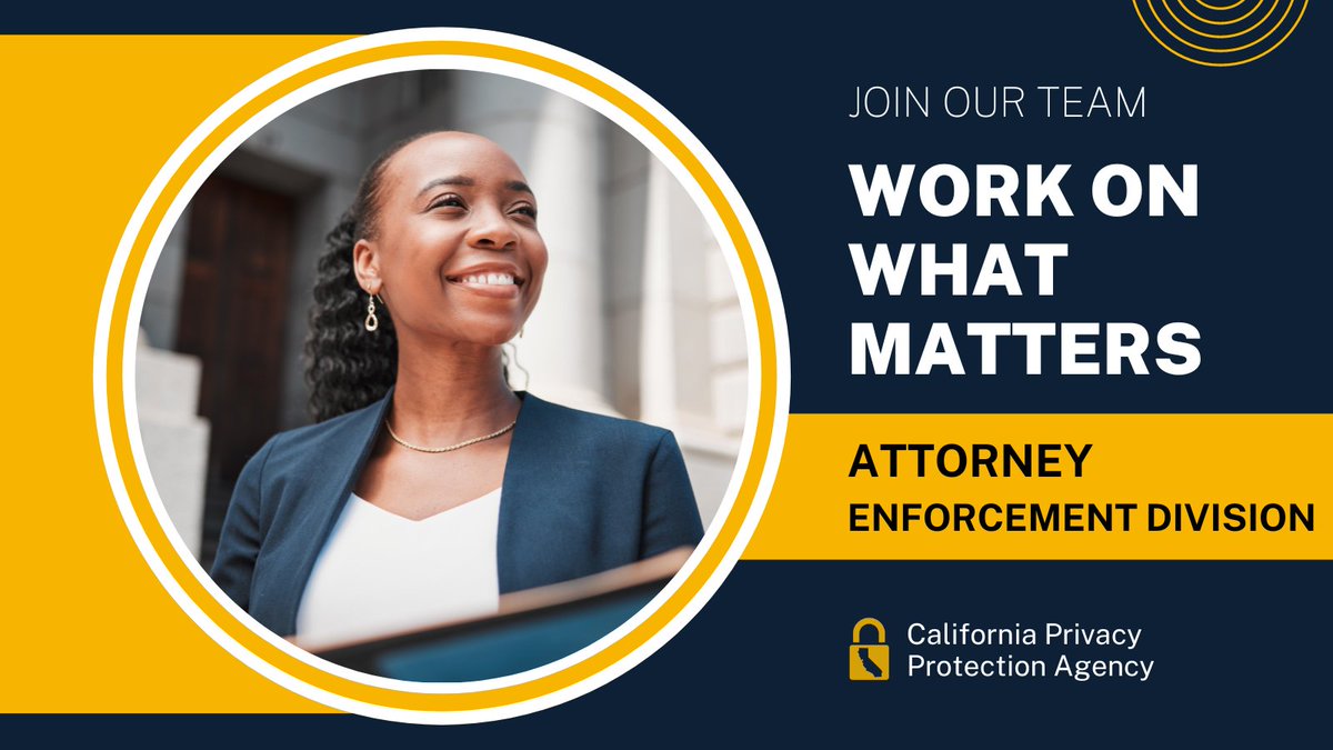 Investigate and prosecute the most cutting-edge privacy rights in the nation as an Attorney in CPPA’s Enforcement Division. Join our team of privacy champions spearheading this important effort. Apply by 10/13: calcareers.ca.gov/CalHrPublic/Jo…