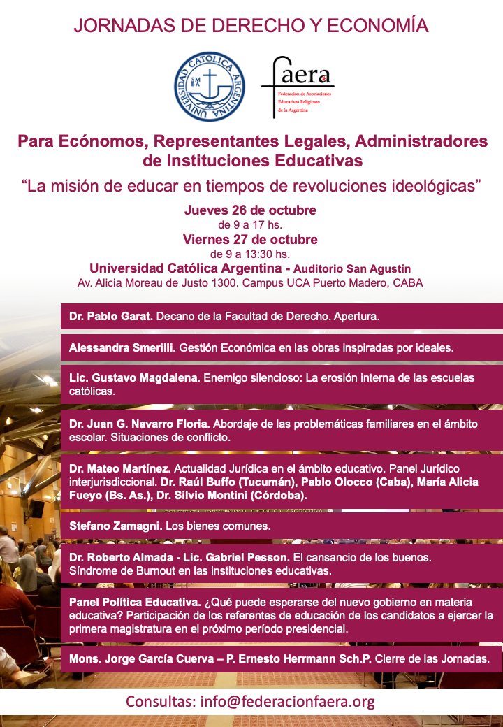 Jornadas FAERA - UCA de formación para representantes legales y administradores de colegios católicos y de orientación católica
"La misión de educar en tiempos de revoluciones ideológicas"
Informes e inscripción: uca.edu.ar/es/cursos-de-e…