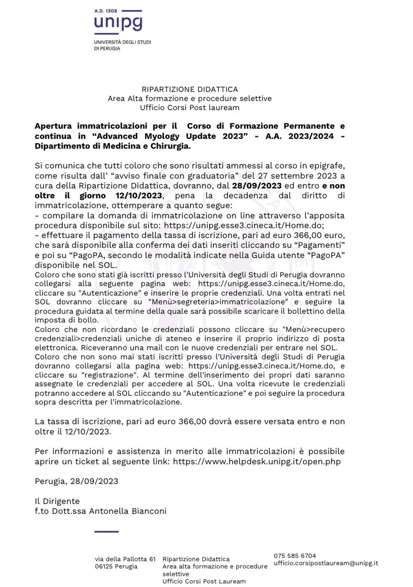 the High Training Course in Advanced Myology Update 2023 has been accepted by the University of Perugia. Attached you will find the instructions to register to the Course, also available at unipg.it/didattica/cors… (also attached).