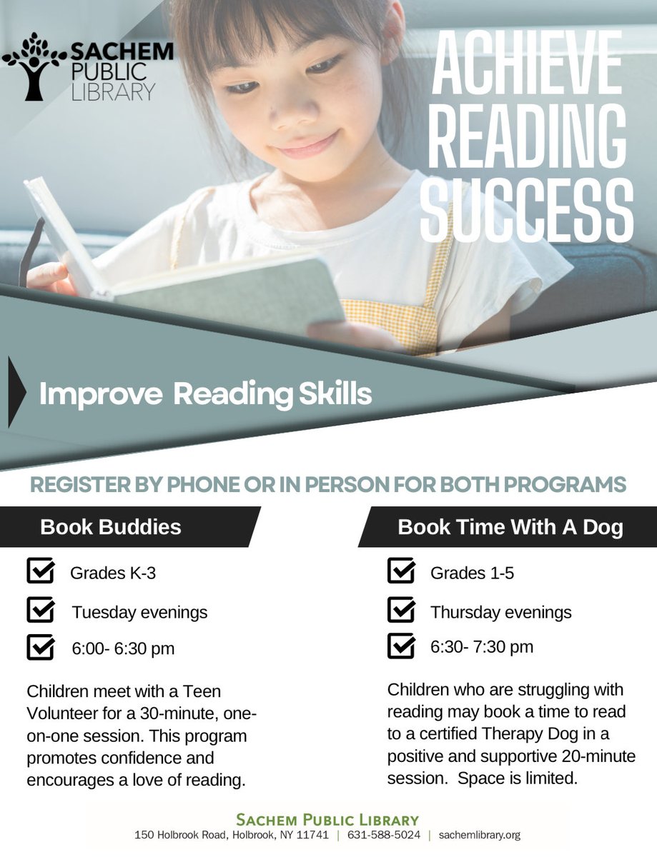 Take advantage of these wonderful reading programs offered by the ⁦<a href="/sachemlibrary/">Sachem Library</a>⁩! 📚 🐶 

⁦<a href="/SachemSchools/">Sachem Schools</a>⁩ #WeAreSachem