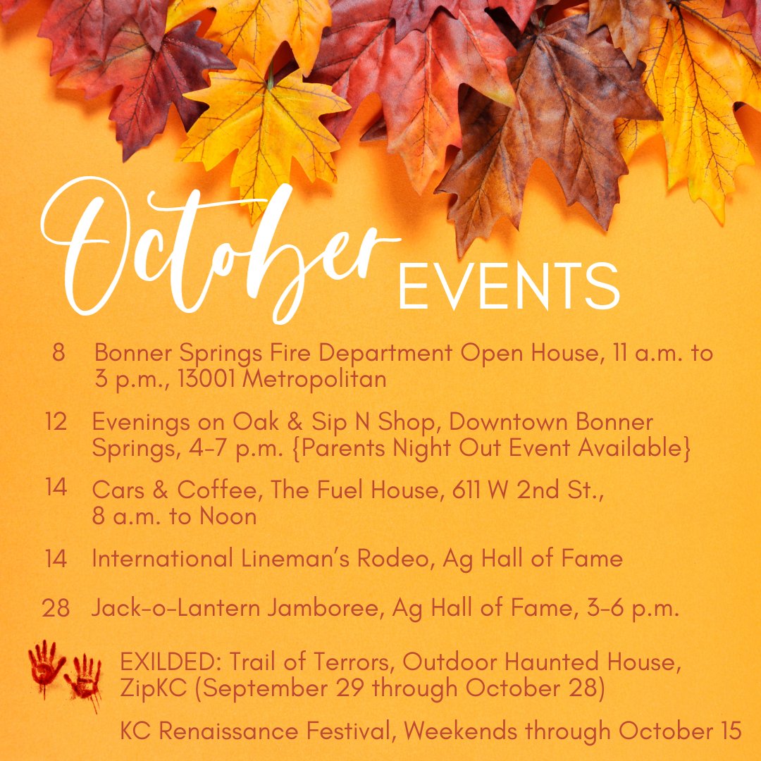BonnerSpringsKS's tweet photo. Dear Mother Nature, can you cool it with summer and let us get to these fall events and all the fall things like leaves changing, sweaters, boots, pumpkin spice everything, and fires in the fireplace?  Here's your October events going on in Bonner Springs! https://t.co/AJjJHd3mbh
