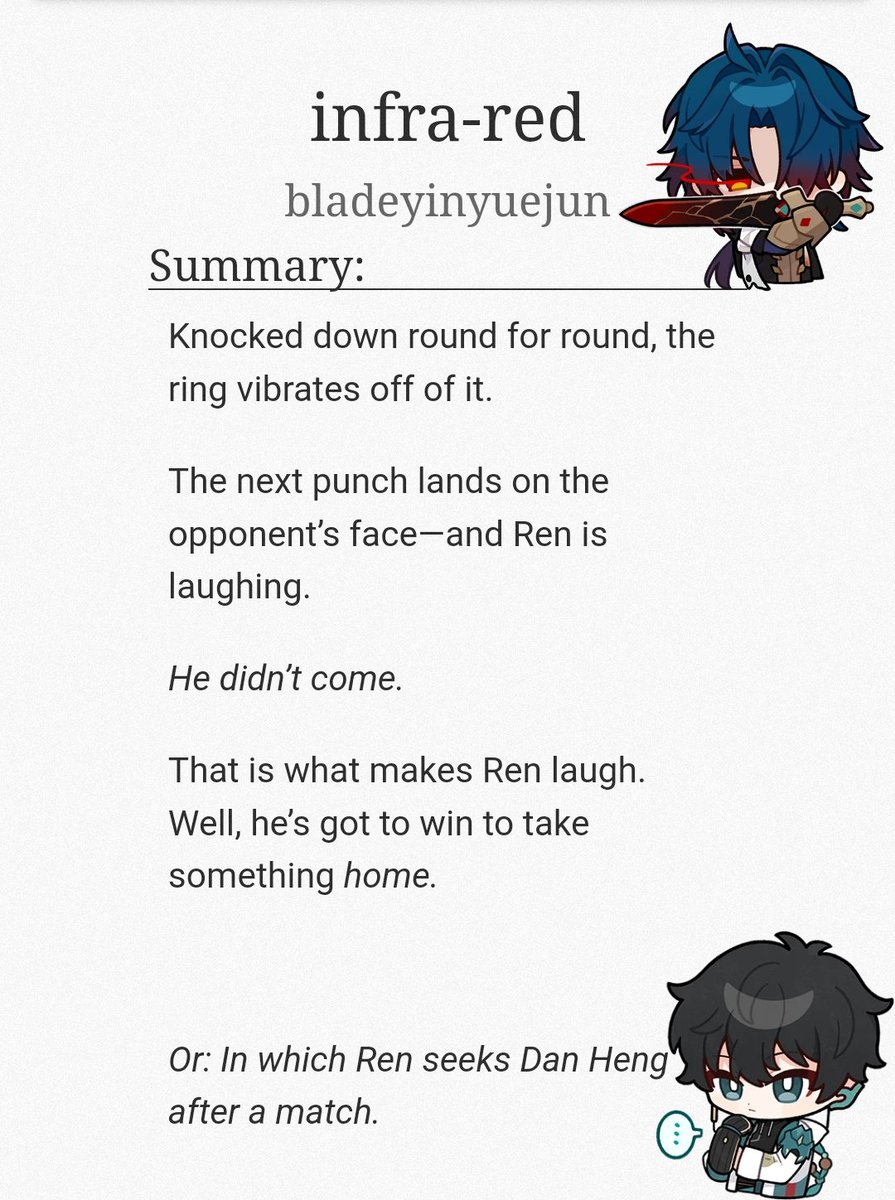 DailyRenheng's tweet photo. #RenHeng | #FridayFic βοΈπ
π NSFW
Today's rec: "infra-red by bladeyinyuejun
https://t.co/WFSBD9c4UP
A 100/10 π modern AU. Boxer Blade pays a certain someone a visit after his match since he (Dan Heng) didn't show up as they agreed and things happen. Kind of exes-to-lovers. https://t.co/7S6oDi9WgK