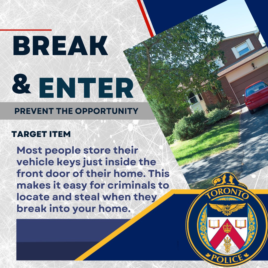 TPS_CPEU's tweet photo. The amount of time a criminal is in your home after breaking-in is generally a very short period of time. One of the most valuable items within 3 feet of the front door is the keys to your vehicle, making it a easy for them to steal.
#breakandenter #crimepreventiontps #autotheft https://t.co/jJUB9lejU1