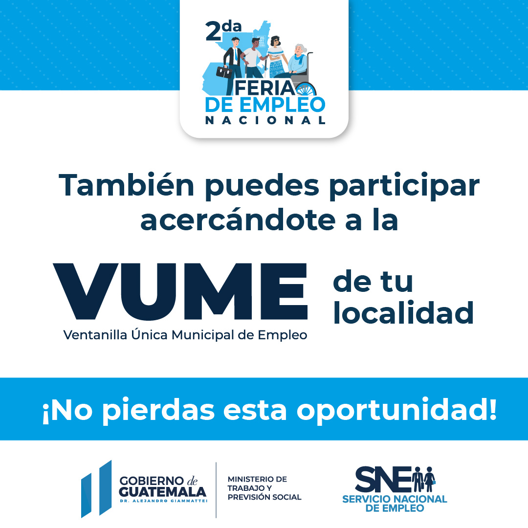 MINTRABAJOGuate's tweet photo. 🙌 ¡No hay excusa! Participa en la 2da Feria de Empleo Nacional 2023!
Aplica a una de las 15,000 plazas que tendremos disponibles para ti a nivel nacional.
💻 Recuerda realizar tu prerregistro a través de la plataforma electrónica TUEMPLEO.
#SomosMintrab #FeriaDeEmpleoNacional https://t.co/2JWrtkYd26