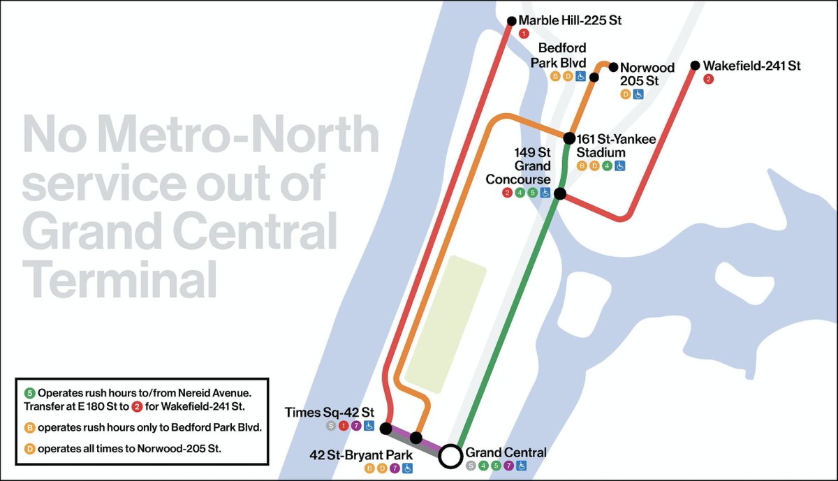 Mark D. Levine (@marklevinenyc) on Twitter photo There is no <a href="/MetroNorth/">Metro-North Railroad</a> service in or out of Grand Central due to the rain and flooding.
If you need to head north, take subway to Bronx stations where MetroNorth service is originating, see below: There is no <a href="/MetroNorth/">Metro-North Railroad</a> service in or out of Grand Central due to the rain and flooding.
If you need to head north, take subway to Bronx stations where MetroNorth service is originating, see below: