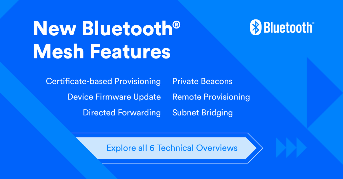 BluetoothSIG's tweet image. Developers, new Bluetooth® Mesh feature enhancements have been released. 

Directed Forwarding, Device Firmware Update, Private Beacons, and more— Get all the details in our technical overview papers: bit.ly/3sSJDfZ

#BluetoothMesh #BluetoothNLC #ConnectedLighting #IIoT
