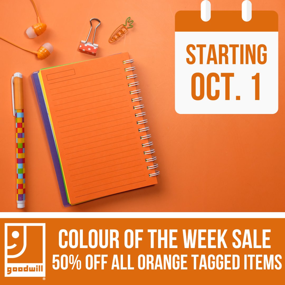 Colour of the Week is ORANGE! All orange tagged items are 50% off starting Sunday! 

ALL tagged clothing items are now included!  Visit us & pick up something tagged orange today!👀 

#Goodwill #Thrift #ThriftStore #SustainableFashion #SecondhandFashion #Charity #SustainableGood