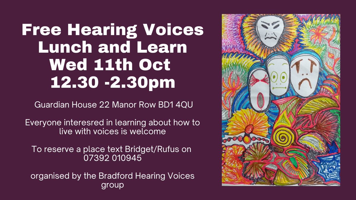 Hi all really excited to be doing this free lunch and learn, also we have some creative international guests coming... please share <a href="/EmmaLVDG/">Emma</a> <a href="/HansMasira/">Masira Hans</a> <a href="/AlisonTorn/">Dr Alison Torn 🏳️‍🌈🏳️‍⚧️ ally</a> <a href="/Kate_E_Quinn/">Kate Quinn</a> <a href="/HVN_England/">HVN England</a> @MindinBradford