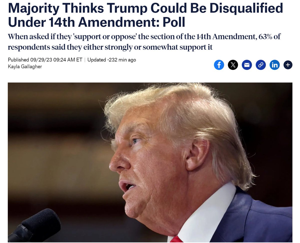 63% of respondents in a new poll said they either strongly or somewhat support Section 3 of the 14th Amendment.

51% said they thought it should apply to Trump. #TrumpIsDisqualified