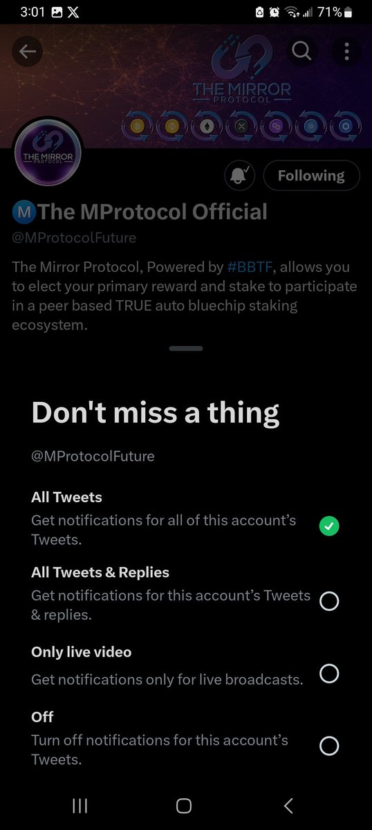 ApolloOo32's tweet photo. To get notification FOR/ WEN #MPXRP is ready for pancake swap RELEASE GOES LIVE....
Go to the official MIRROR PROTOCOLS PAGE CLICK BELL HIT ALL BUTTON. 
FOR ALL Notifications OF #MPROTOCOL RELEASES N UPGRADES. https://t.co/qvVJySW6SB