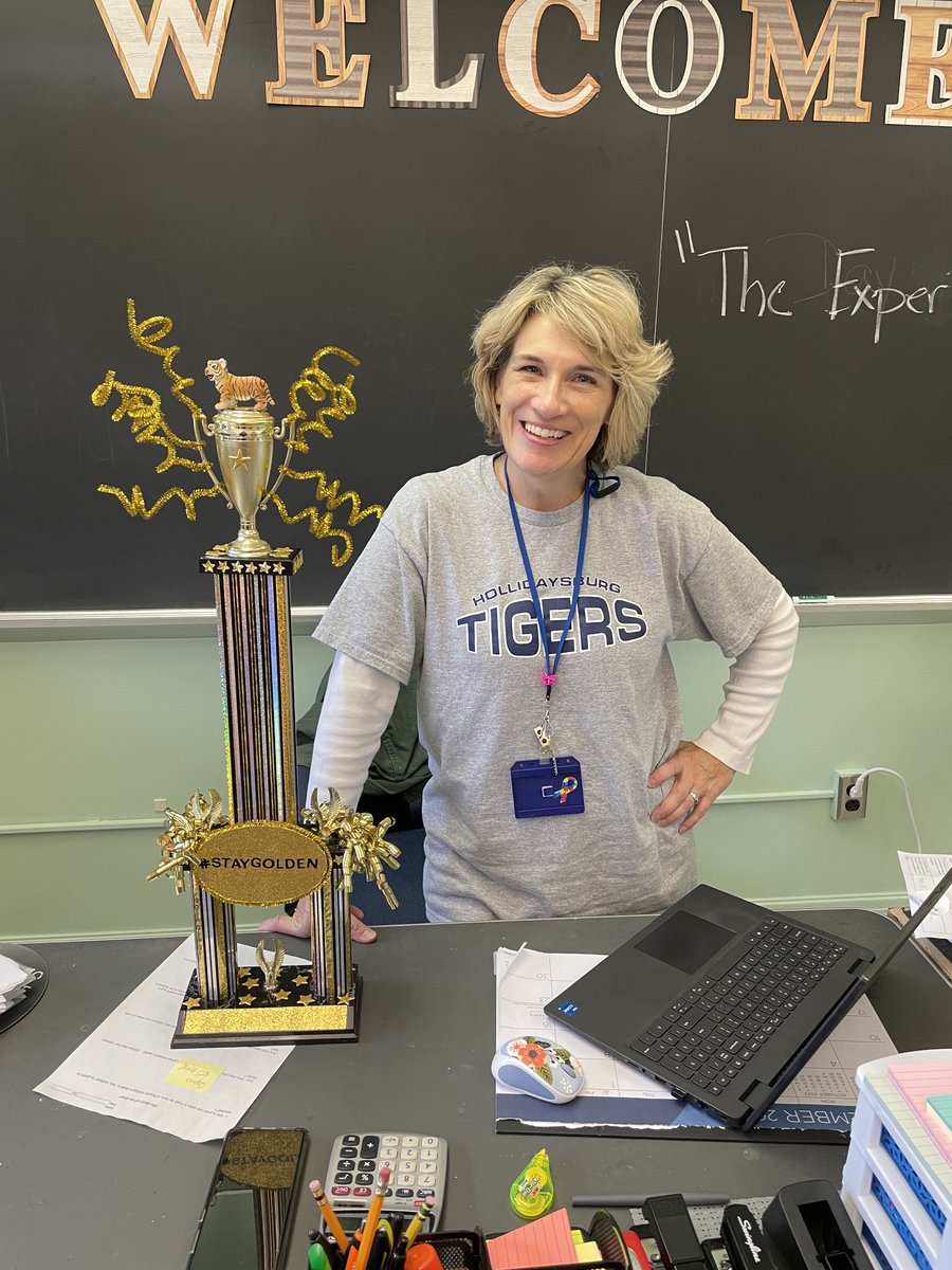KennethKrott's tweet photo. Congratulations to our first #StayGolden trophy recipient, Mrs. Eberwein. #hajhs #StayGolden https://t.co/JkudKdzsCa