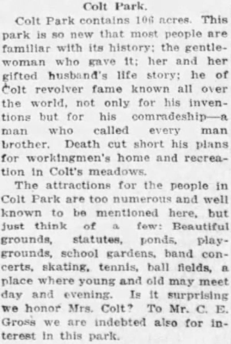 ColtFoundation's tweet image. Summary of a budding Colt Park in the @hartfordcourant, 1916.