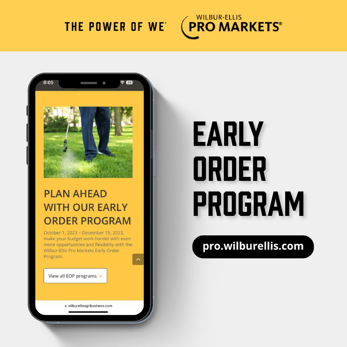 WilburEllisPro's tweet image. Plan ahead for 2024 with the Wilbur-Ellis Early Order Program (EOP). ✅

Get the products you need with the added benefit of financial flexibility and the security of guaranteed product availability.

Learn more➡️ wilburellisagribusiness.com/services/eop/

#WilburEllisProMarkets #EarlyOrderProgram