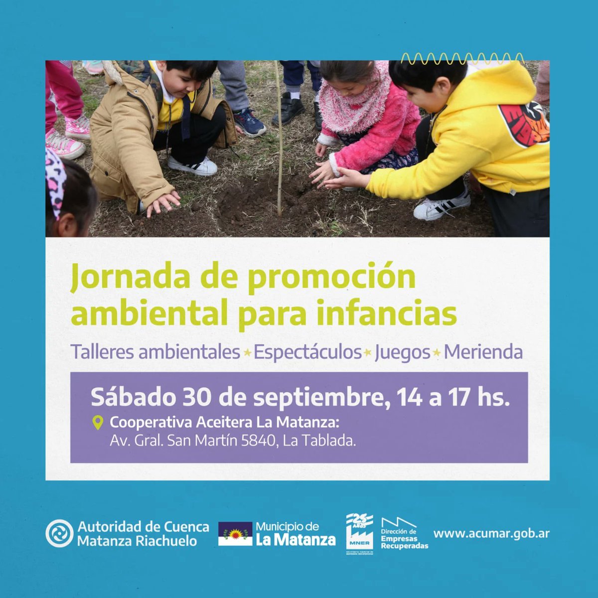 Se viene una nueva jornada de promoción ambiental! 🌱

Este sábado te esperamos junto a <a href="/acumarriachuelo/">ACUMAR</a> y <a href="/EmpRecuperadas/">MNER</a> en la coop. Aceitera La Matanza, recuperada en 2016 por sus trabajadores, para vivir una jornada de talleres, juegos y espectáculos para toda la familia.