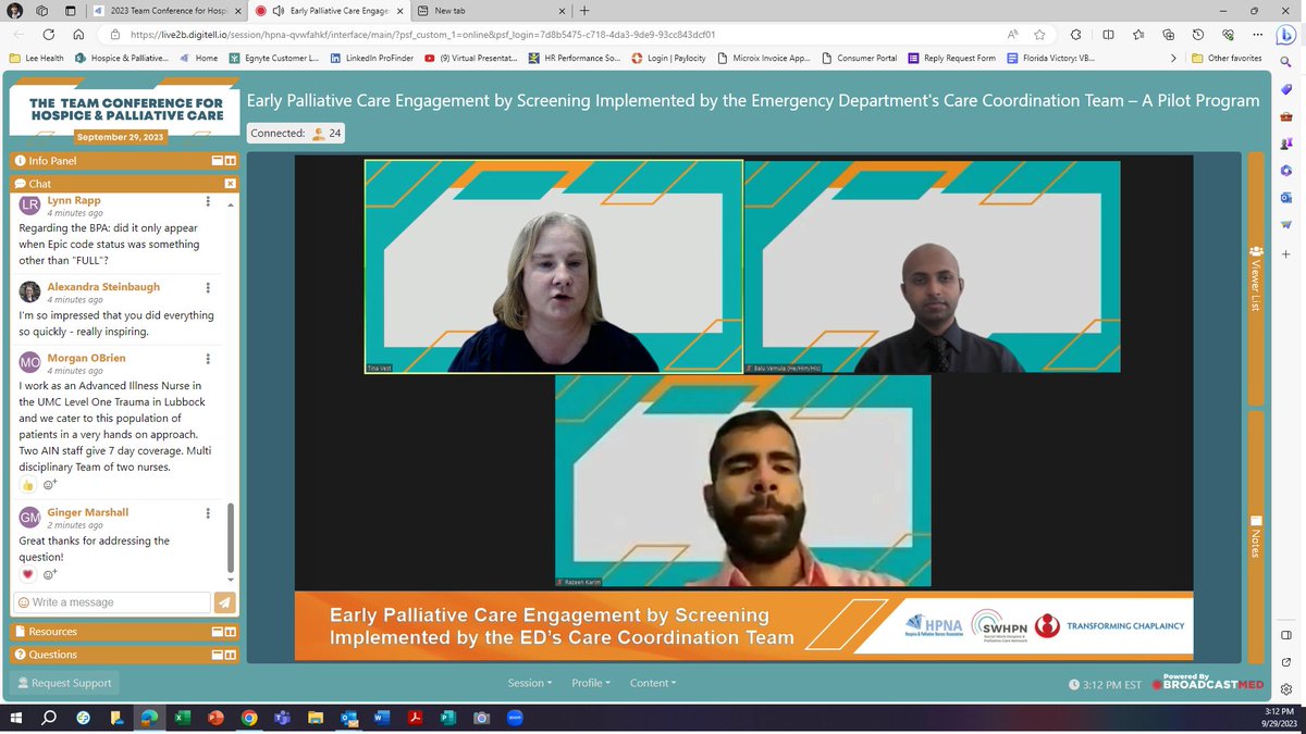 Dr Balakrishna Vemula, Razeen Karim, and Tina Vest, CRNP-PMH  presenting at the #TC4HPC on Early Palliative Care Engagement by Screening Implemented by the Emergency Department's Care Coordination Team – A Pilot Program <a href="/HPNAinfo/">Hospice and Palliative Nurses Association (HPNA)</a> <a href="/SWHPN/">Social Work Hospice and Palliative Care Network</a> @TransformChap1