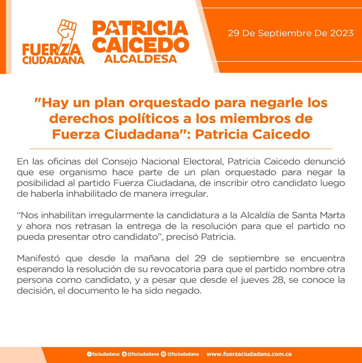fzciudadana's tweet photo. Hacemos un llamado a las autoridades competentes a causa de las irregularidades y demoras en la entrega de la resolución de revocatoria de la candidatura de @patcaicedo. 

No nos pueden negar el derecho de participar en el ejercicio político. Seguimos en pie de lucha 🟠✊🏼 #ElCambioSigue