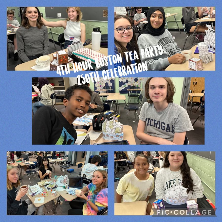kpcasko's tweet photo. Smith students celebrated the 250th Anniversary of the Boston Tea Party. (Yes, a few months early as we are currently covering the event) We spent the week learning about it. We enjoyed tea/lemonade and a cookie. It was a fun day! 🫖☕️
@SmithKnights  @gcpsebastian @troyschools https://t.co/FzGmg1hJxP