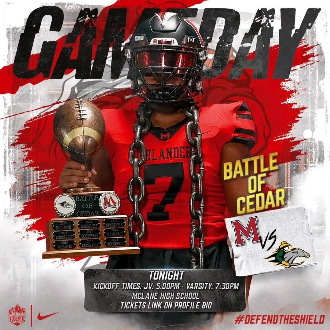 hanson8_Sport's tweet photo. ⏰⏰⏰

🗓: Tonight!
🏈: Game 6
🆚: Roosevelt High School
🏟: McLane High School
📍: 2727 N. Cedar Ave, Fresno Ca 93703
⏰: JV- 5:00pm Kickoff / Varsity 7:30pm Kickoff. 
🎟️: https://t.co/fFpscos14X

#HighlanderFootball⚔️ | #DefendTheShield🛡️ | #RISE | #BattleOfCedar https://t.co/F7nofZklrs