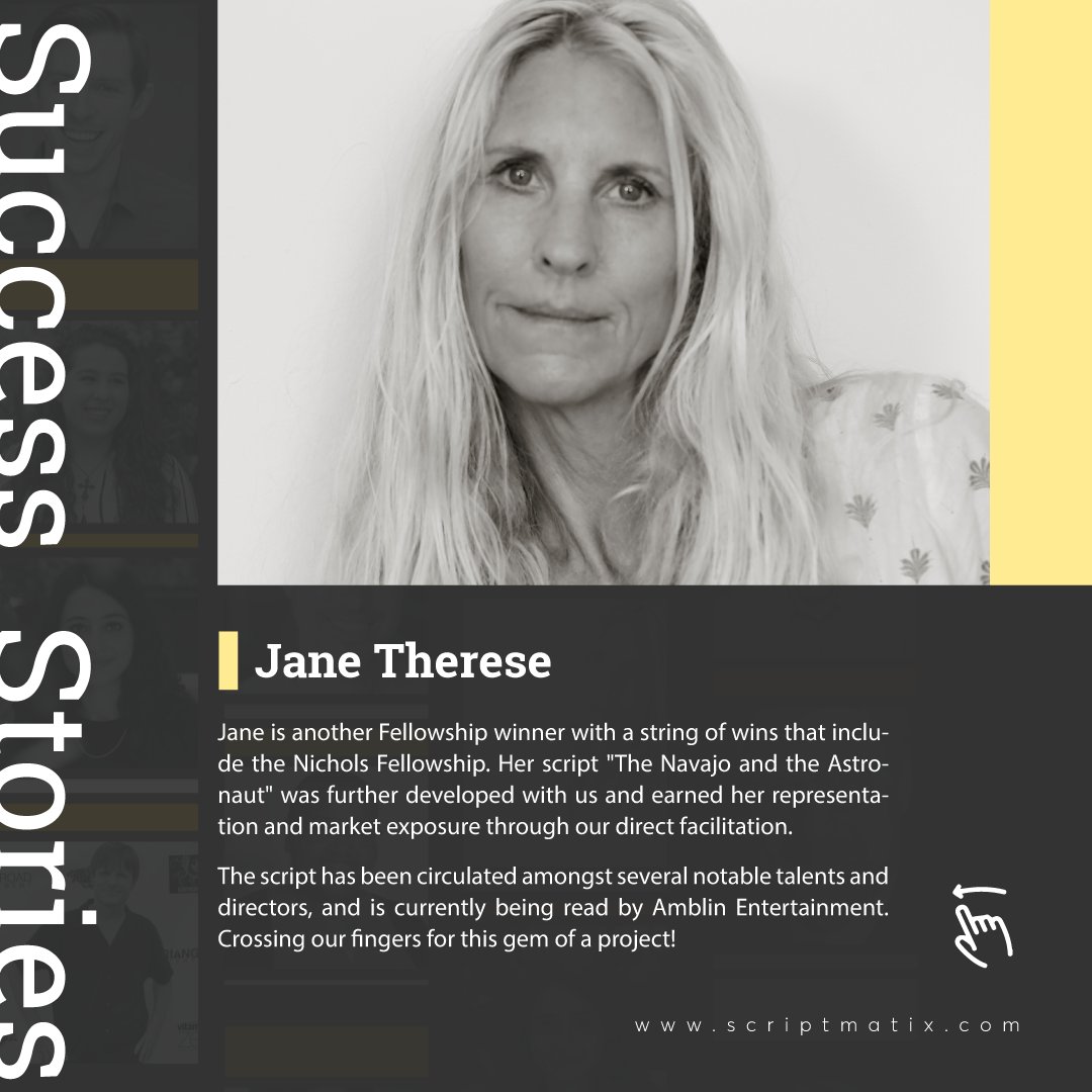 theScriptmatix's tweet photo. Jane is another Fellowship winner with a string of wins that include the Nichols Fellowship. Her script "The Navajo and the Astronaut" was further developed with us and earned her representation and market exposure through our direct facilitation.

Visit: https://t.co/ku6iuS2iMF https://t.co/THtG6vPo90