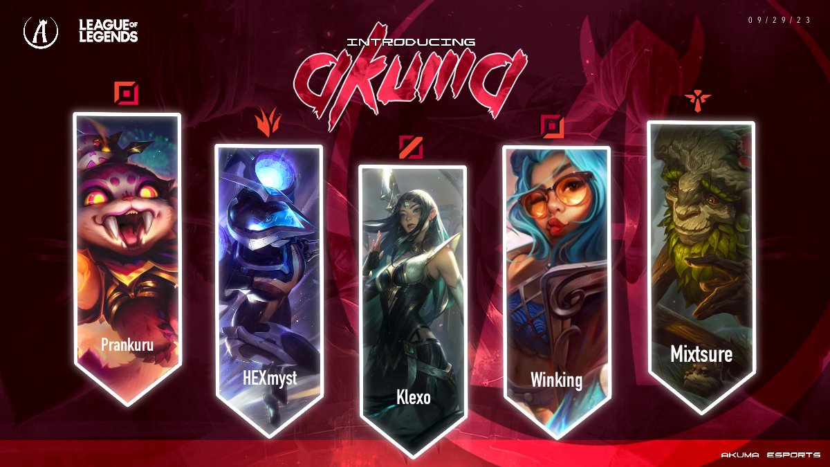 WE ARE VERY EXCITED TO ANNOUNCE OUR ROSTER FOR THE @AegisEsportsGG CHAMPION LEAGUE!

Top: @PrankuruLoL 
Jungle: @HEXmyst 
Mid: @KlexoLoL 
Adc: @WinkingLOL 
Support: @MixtsureLOL 

OUR FIRST GAME IS GETTING STREAMED BY OUR FRIENDS OVER AT @lotus_org COME SUPPORT US! #AKMWIN

📺:…