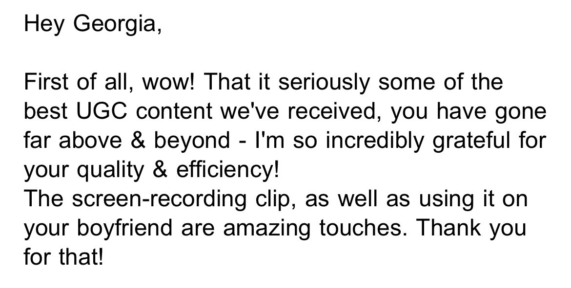 UGC_georgia's tweet photo. I put my all into my content for my clients so receiving feedback like this is the best feeling! 🥹🫶 

#UGCcreator #UGC https://t.co/zBWY8300iT