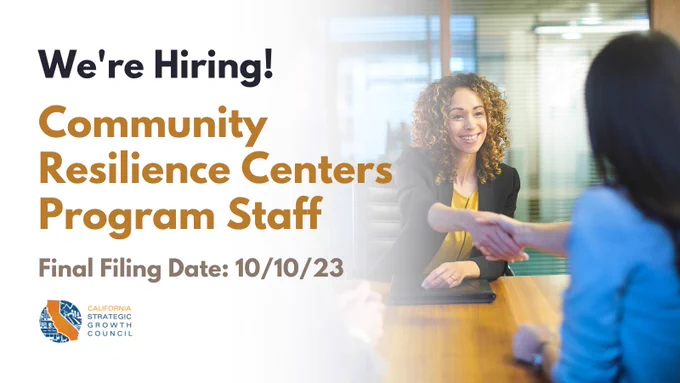 We’re Hiring! Community Resilience Centers Program Staff. Final Filing Date: 10/10/23. Women of color shake hands.