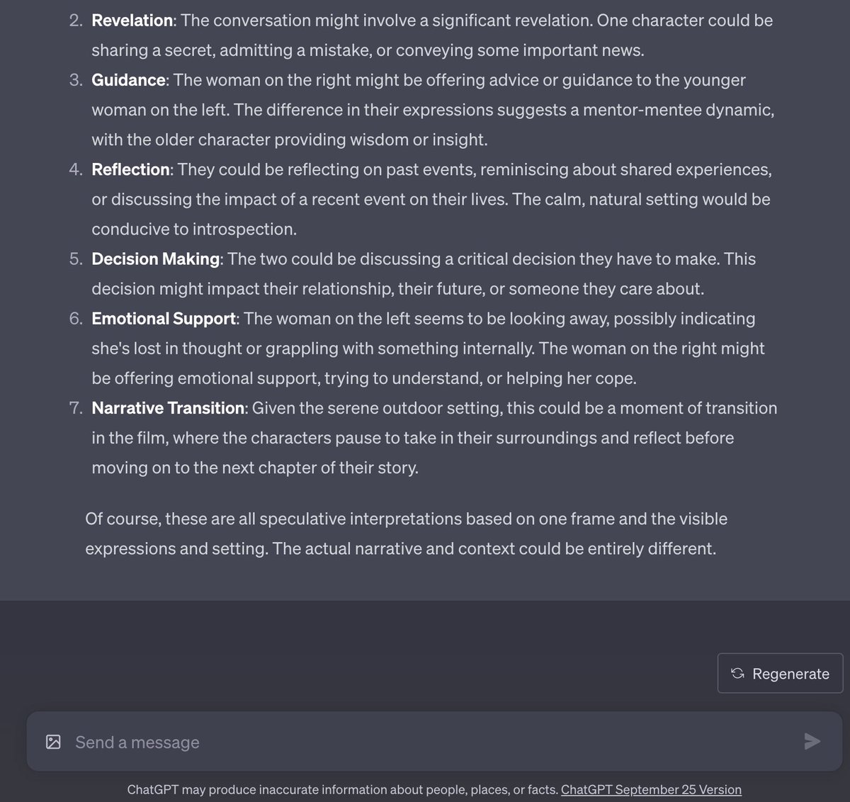 I asked GPT4 to rate a screen grab from a film I shot. Then I asked it what the scene might be about. This is what it told me.