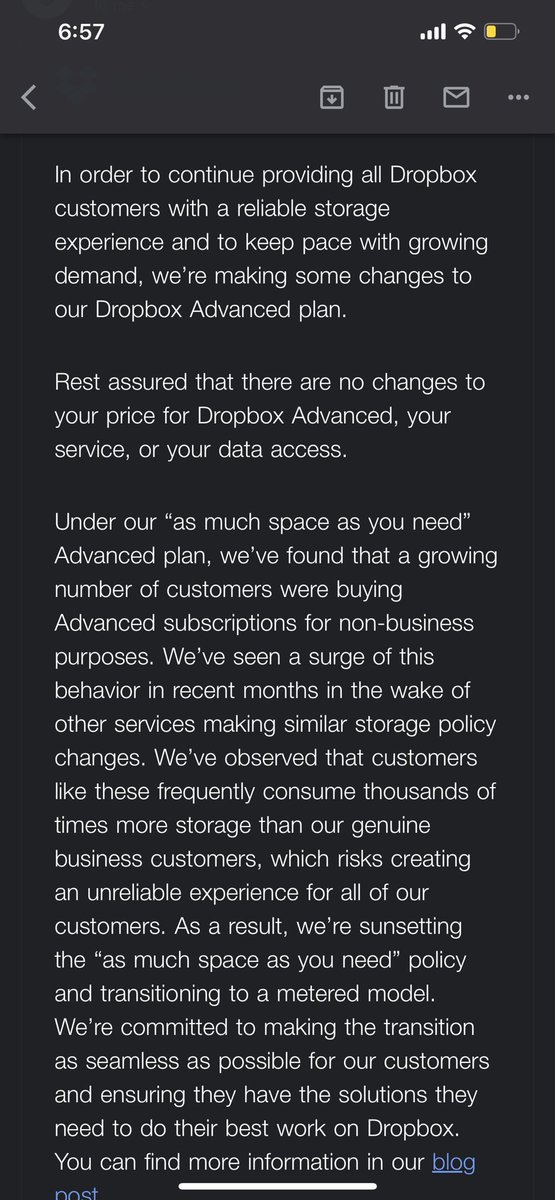 Telling your users that their plan is being  sunsetted to a point where most video companies/ editors using it for actual business don’t get to keep adequate storage for their needs.<a href="/Dropbox/">Dropbox</a>