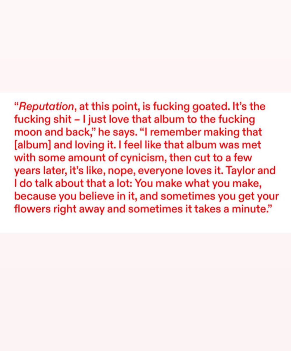 TSwiftNZ's tweet photo. 💬 | Jack Antonoff on reputation

“reputation is fucking goated. It’s the fucking shit — I just love that album to the fucking moon and back. I feel like that album was met with some amount of cynicism, then cut to a few years later, it’s like, nope, everyone loves it.” https://t.co/9YNKbKUclY