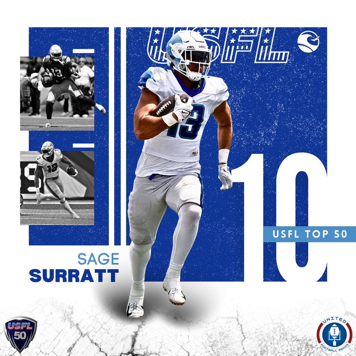 We’ve reached the top 10 of the #USFL50! Sage Surratt was one of the leagues biggest breakouts in 2023 hauling in 50 passes for 552 yards and 1 TD. Sage was a safety blanket for MBT throughout the season but beyond that he proved himself as a run blocker, helping pave the way for…