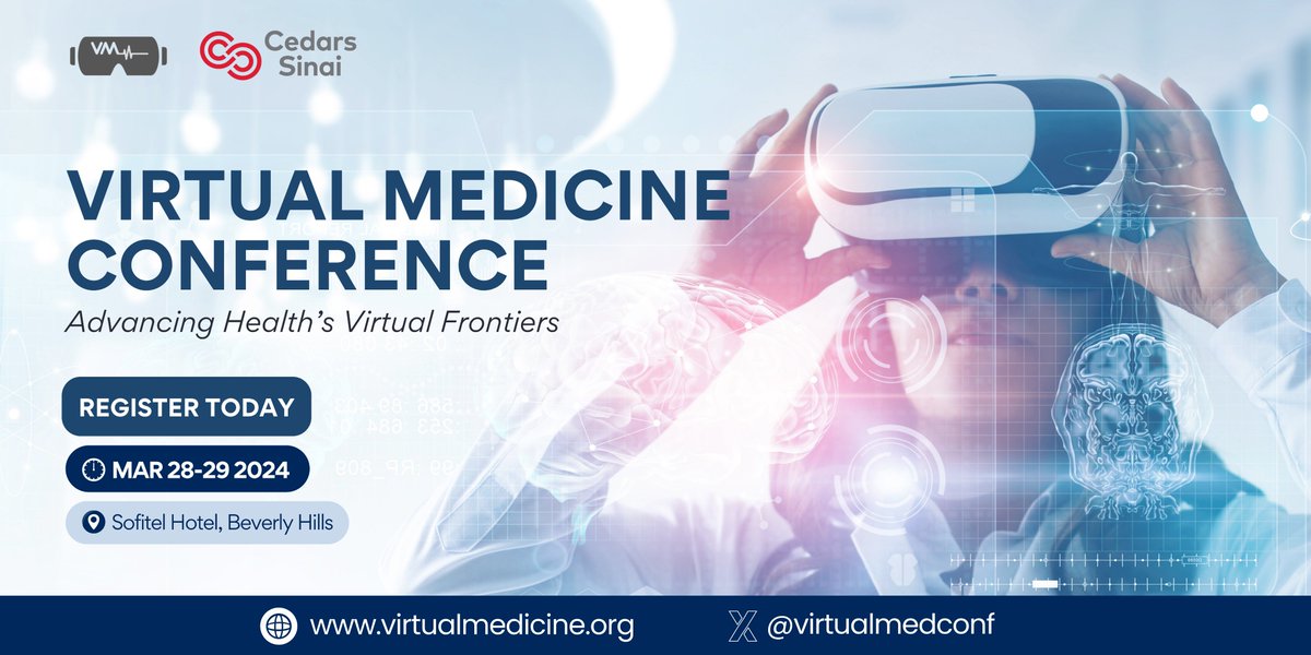 With constant hardware advances, exponential emergence of #AI, and recognition that medical treatments have their limits, the field of Medical Extended Reality (#MXR) is exploding. Join us Mar 28-29th at #CedarsSinai for the annual vMed conference. Info: virtualmedicine.org/conferences/ab….
