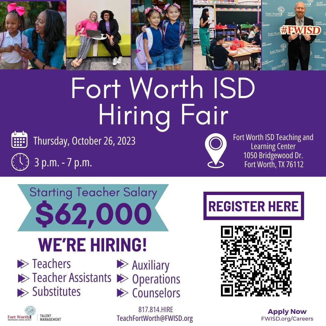 Join us on October 26th for the Fort Worth ISD Hiring Fair! Register now to secure your spot at this awesome event. #OneFortWorth

📅Date: October 26th
⏰ 3 p.m. - 7 p.m.
📍   Fort Worth ISD Teaching &amp; Learning Center
📷 Register Now forms.gle/HD8Wxxu1EbHCo6…