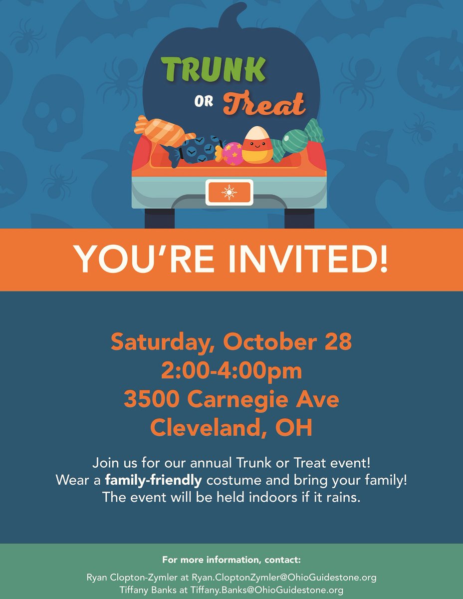 ClevePromise (@cle_promise) on Twitter photo Here's your chance to get in the Halloween spirit a few days early! <a href="/OhioGuidestone/">OhioGuidestone</a> is hosting its annual Trunk or Treat event Sat., Oct. 28 and you're invited. Wear a family-friendly costume and bring your family. 3500 Carnegie Ave. from 2-4 p.m. Here's your chance to get in the Halloween spirit a few days early! <a href="/OhioGuidestone/">OhioGuidestone</a> is hosting its annual Trunk or Treat event Sat., Oct. 28 and you're invited. Wear a family-friendly costume and bring your family. 3500 Carnegie Ave. from 2-4 p.m.