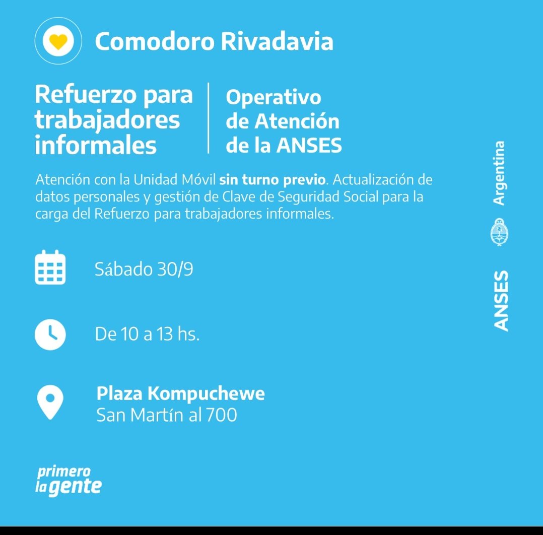 TveoComodoro's tweet photo. ANSES atenderá en el Centro

Mañana sábado, por la mañana, un móvil de ANSES estará en la plaza de la escuela 83. Se podrán realizar distintos trámites. https://t.co/8bDfwA2xr8
