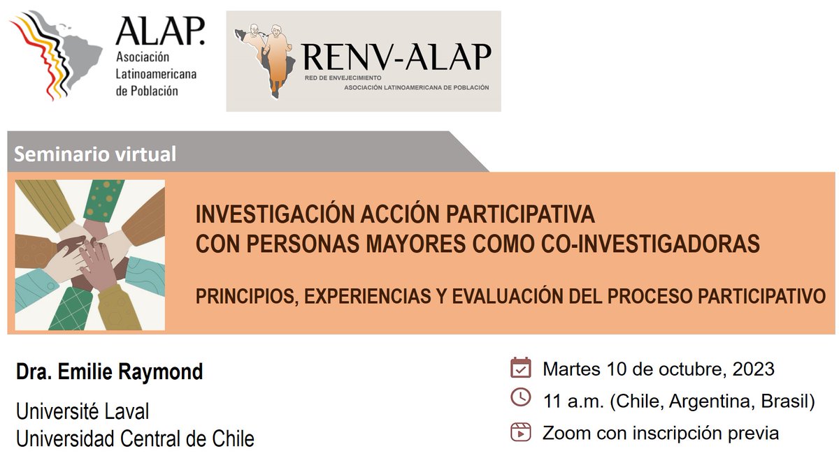 ¡Evento virtual!📢

La REnvALAP les invita al seminario “Investigación Acción Participativa con personas mayores como co-investigadoras" a cargo de la Dra. Emilie Raymond.

🗓️Fecha: Martes 10 de octubre
⏰Hora: 11am (Arg/Bra/Chi)

Inscripción ⬇️⬇️
forms.gle/BpFmeKcyjg3577…