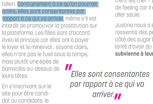 beboulon's tweet photo. Et une interview sur le "sugar dating" (aka la prostitution version Deliveroo) et sa pub sur le campus de Bx, avec une itw qui te donne la nouvelle définition du consentement forcé par la précarité, heureusement pas un fusil mais plutôt une épée : https://t.co/c6suXxgGLx