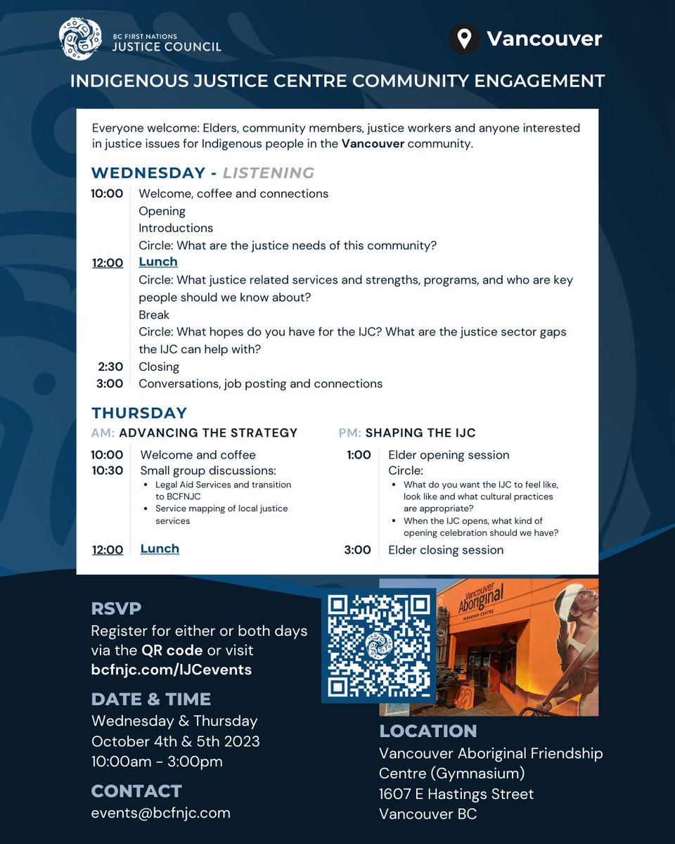 Join us - Wednesday October 4th and Thursday October 5th!

Be part of creating the New #Vancouver Indigenous Justice Centre - this Two Day event kicks off Wednesday - 10am @ the Vancouver Aboriginal Friendship Centre, register here: bcfnjc.com/event/ijc-comm…