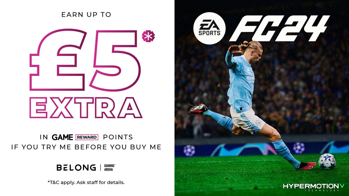 Try #FC24 at your local arena for FREE! ⚽

If you then purchase EA SPORTS FC 24 in GAME, you will receive £5 bonus GAME Reward points! 

Find out more 👉 belong.gg/tournaments/ea…