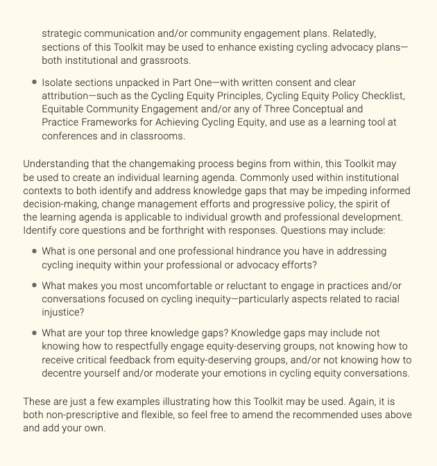 Truer words aren't usually spoken regarding the cycling community.

#BikeTO if you're able, take a deep dive into @jay_pitter's work 'Cycling Equity Co-Learning &amp; Action Toolkit'

tcat.ca/wp-content/upl…

h/t <a href="/TamikaButler/">tamika butler is @tamikabutler.bsky.social</a> <a href="/a_defrancia/">Armi De Francia</a> @Sabatintay
