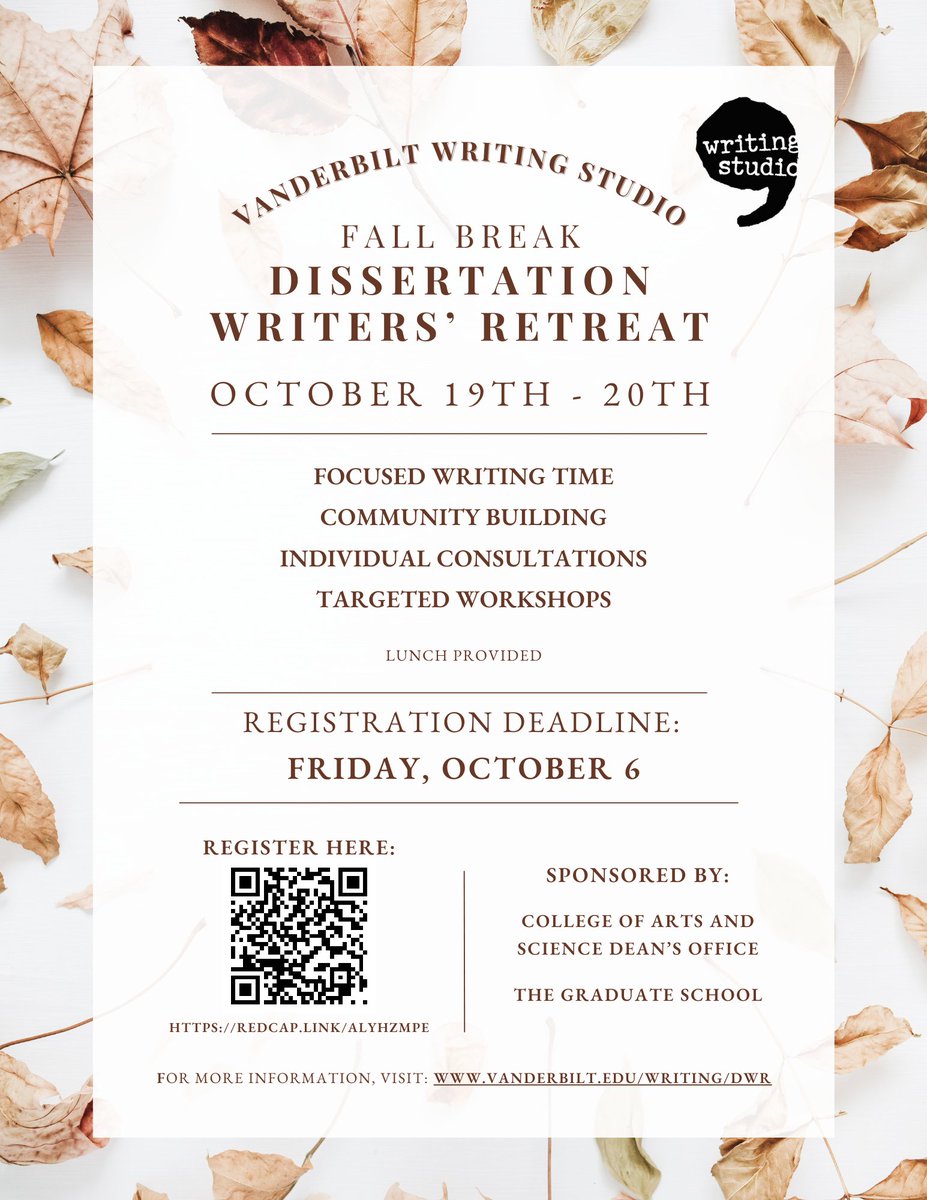 Its that time! Dissertation Writers' Retreat from The Writing Studio - you don't have to be working on your dissertation, it can be any big writing project. Great opportunity for focused writing time and space! vanderbilt.edu/writing/dwr