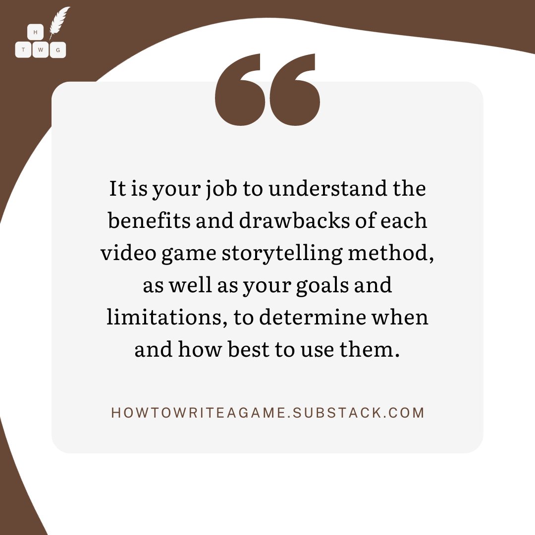 What's the best method to tell your video games story? Learn the pros and cons in the latest issue of How To Write a Game:

howtowriteagame.substack.com/p/how-to-tell-…

#gamewriting
#writingtips