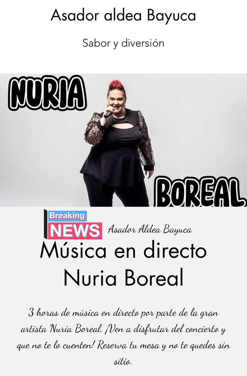 Este sábado a partir de las 22:00h. Tendremos música en vivo de la gran artista Nuria Boreal !! No te lo pierdas, reserva tu mesa 📲 💃🏻 🪩 🎤 🎶 * #aldeabayuca #saborydiversion #musica #directo #reserva #mesa #cena #top #Padron #Galicia