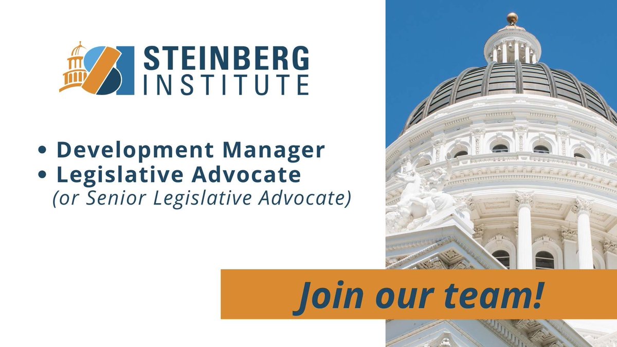 We’re growing! Two openings are available on our team. We’re looking for a Development Manager to lead our fundraising efforts and a Legislative Advocate to advance our agenda with California leaders. #CAleg Learn more: steinberginstitute.org/careers/