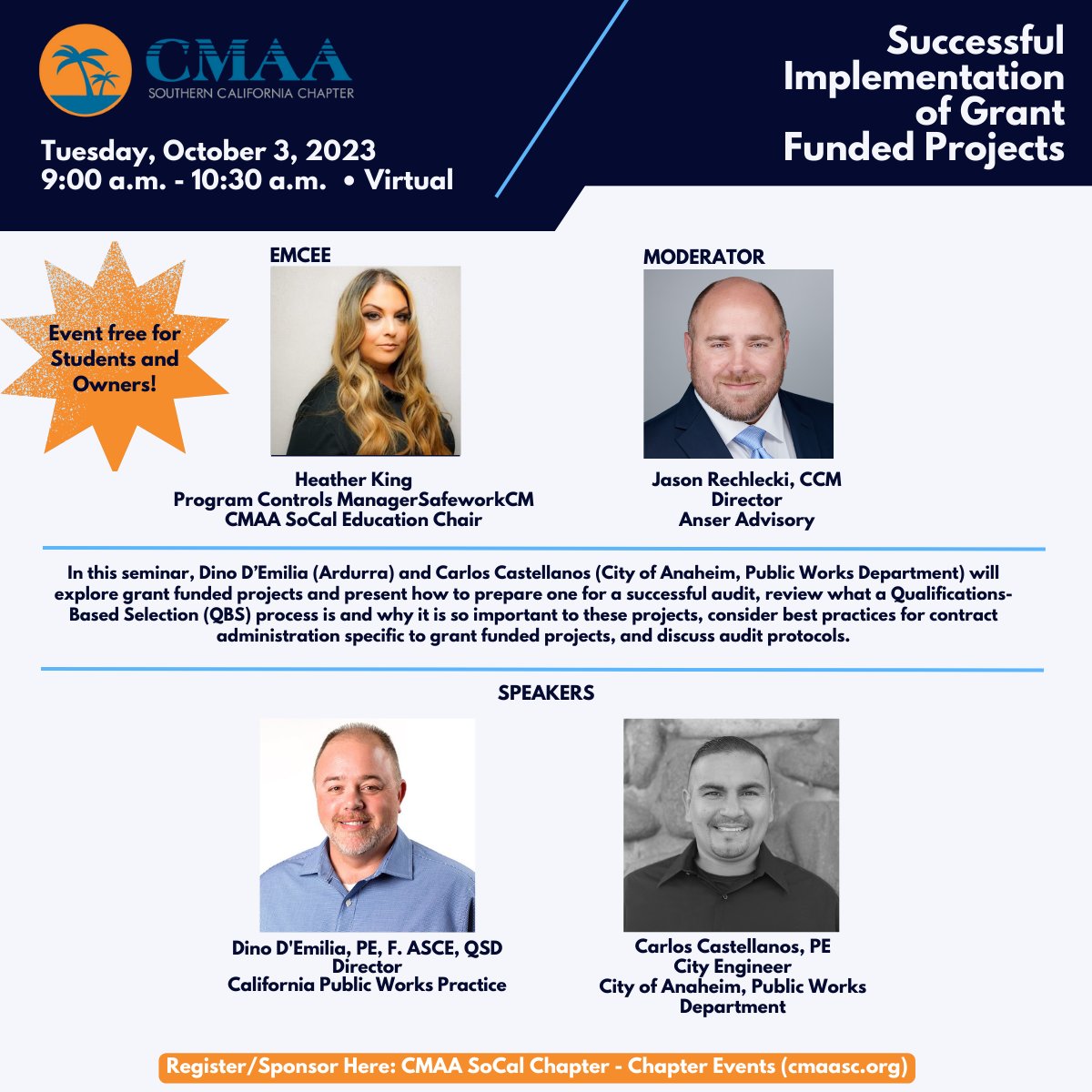 Join the CMAA Southern California Chapter for this webinar that will explore grant-funded projects and how to prepare one for a successful audit. Sponsor/register here: cmaasc.org/event-5402208/…