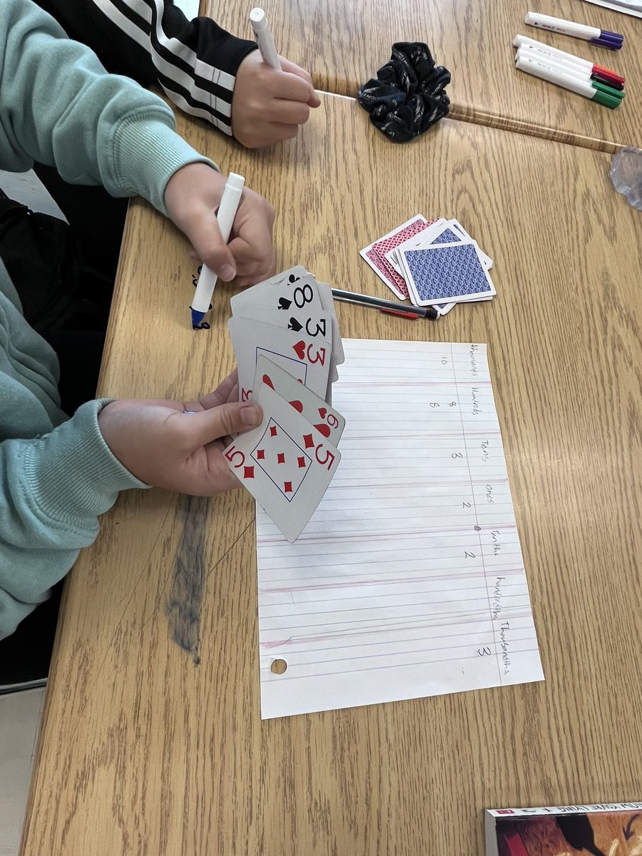 MrsBWigfield's tweet photo. Today we played Place Value Pick Up: pick up six cards and see what is the biggest number you can build. You must use three decimal places. Whose number is bigger? By how much? Some students drew a 10 or two 10s and had to use more place value columns! Math is fun! @GNPSNews https://t.co/ZqLdRuxY9M